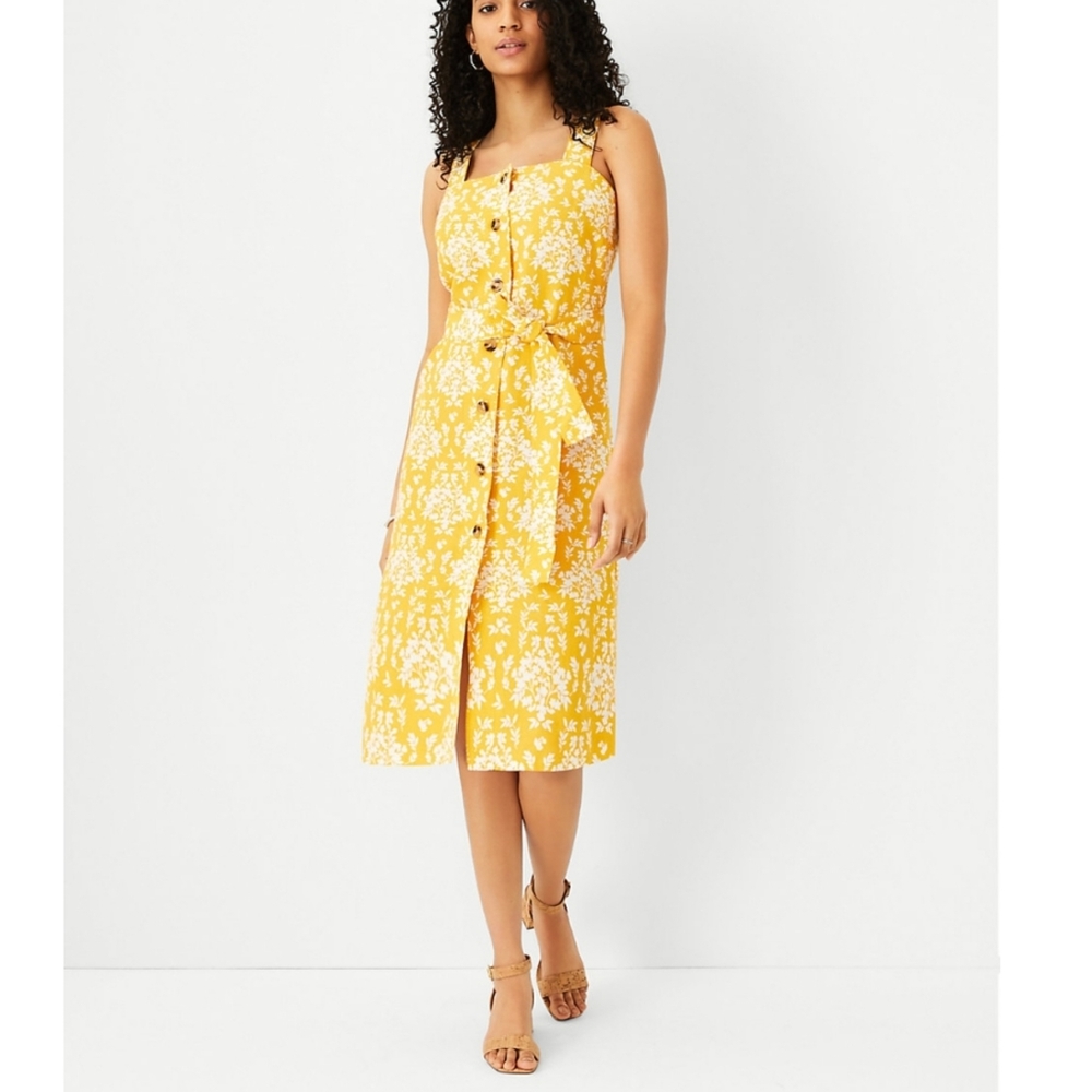 Ann Taylor Floral Belted Linen Blend Button Dress Size 4